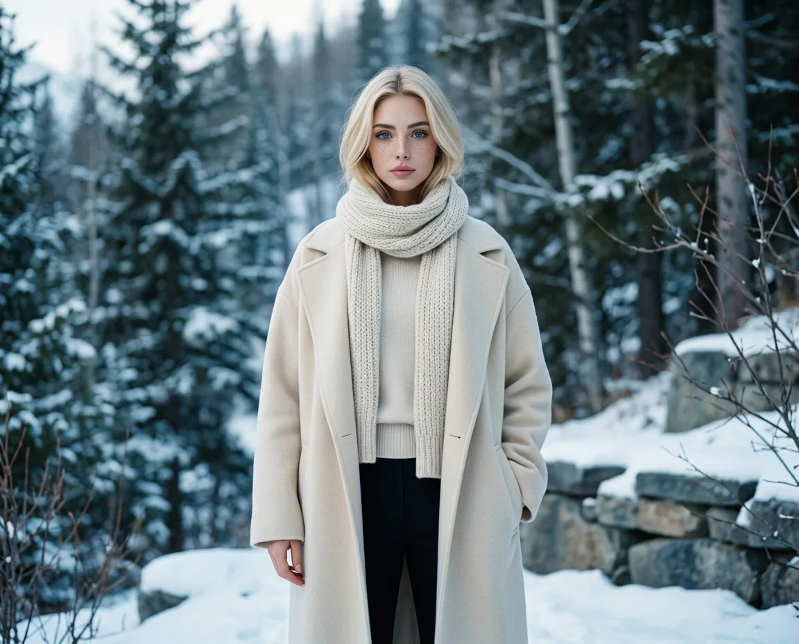 Margaux Dreamscape in winter couture against an alpine snowline