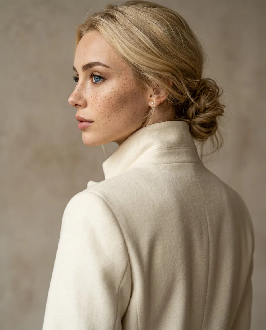 Margaux Dreamscape seen from behind in an ivory wool coat, glancing over her shoulder